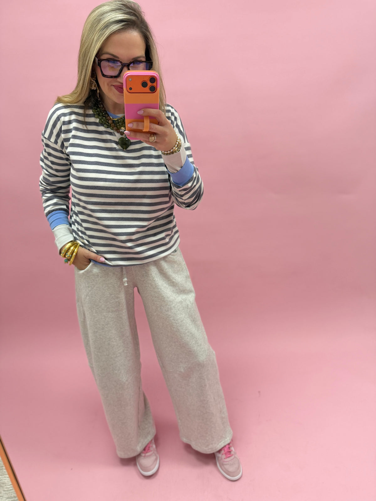 Charcoal & Cornflower Blue Striped Rib Banded Long Sleeve Pullover