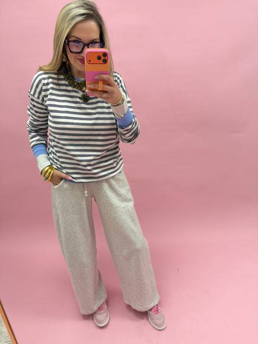 Charcoal & Cornflower Blue Striped Rib Banded Long Sleeve Pullover