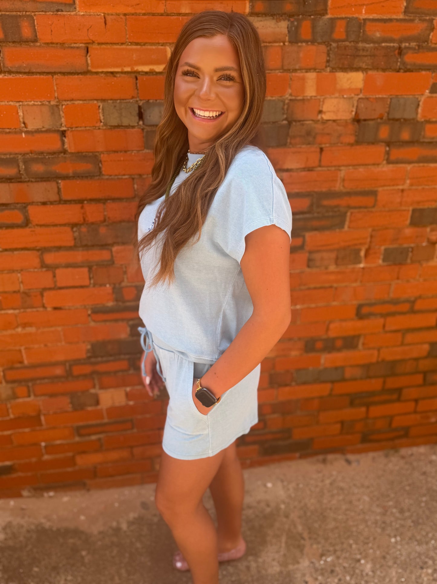 Light Blue Sleeveless Crew Neck Top And Shorts Set