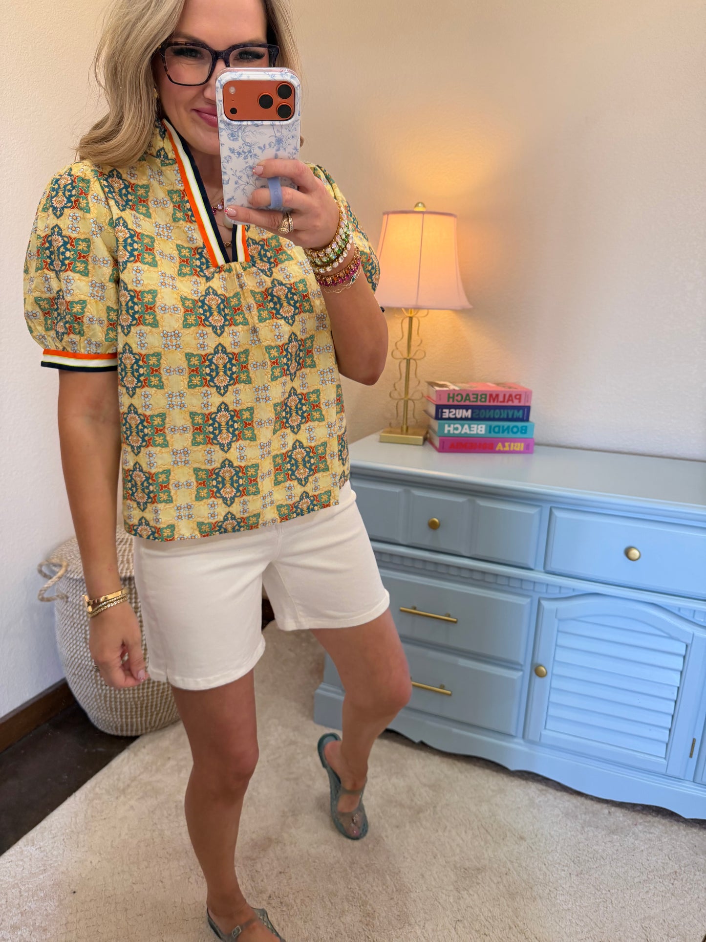 Yellow Multi Color Striped Trim Detailed Embroidered Print Top