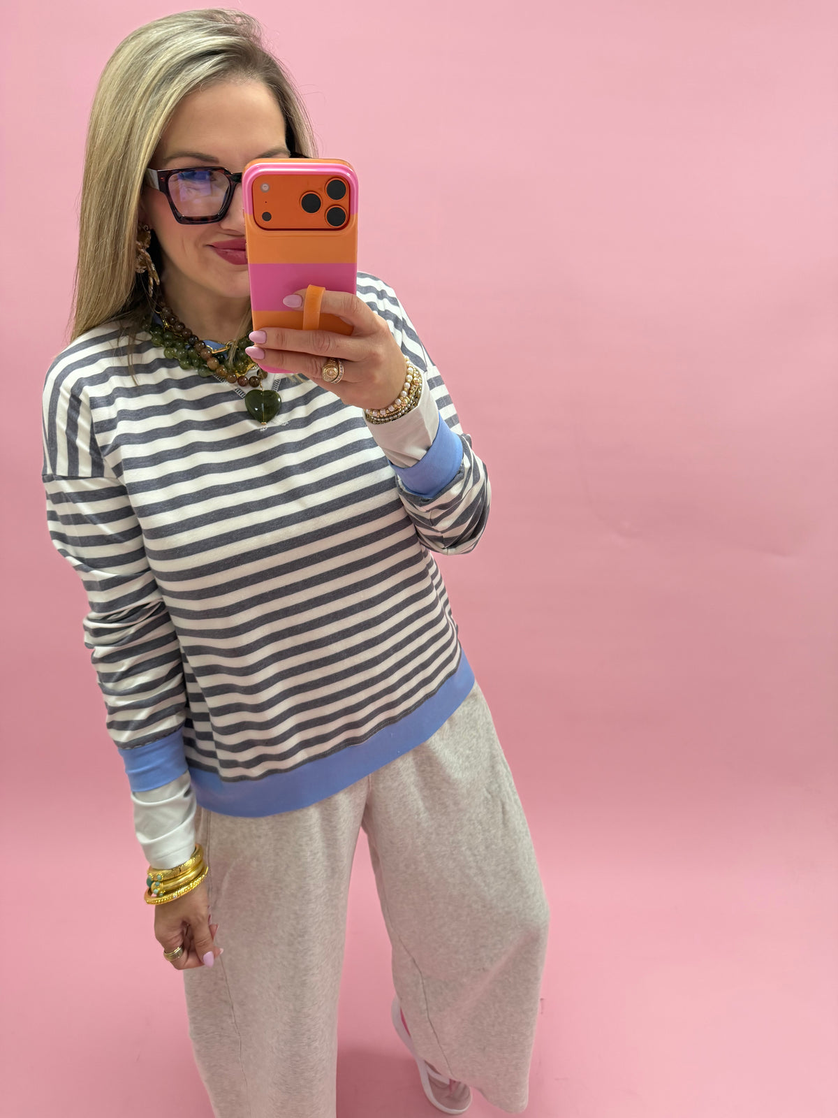 Charcoal & Cornflower Blue Striped Rib Banded Long Sleeve Pullover