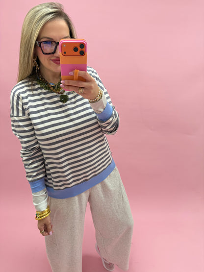 Charcoal & Cornflower Blue Striped Rib Banded Long Sleeve Pullover
