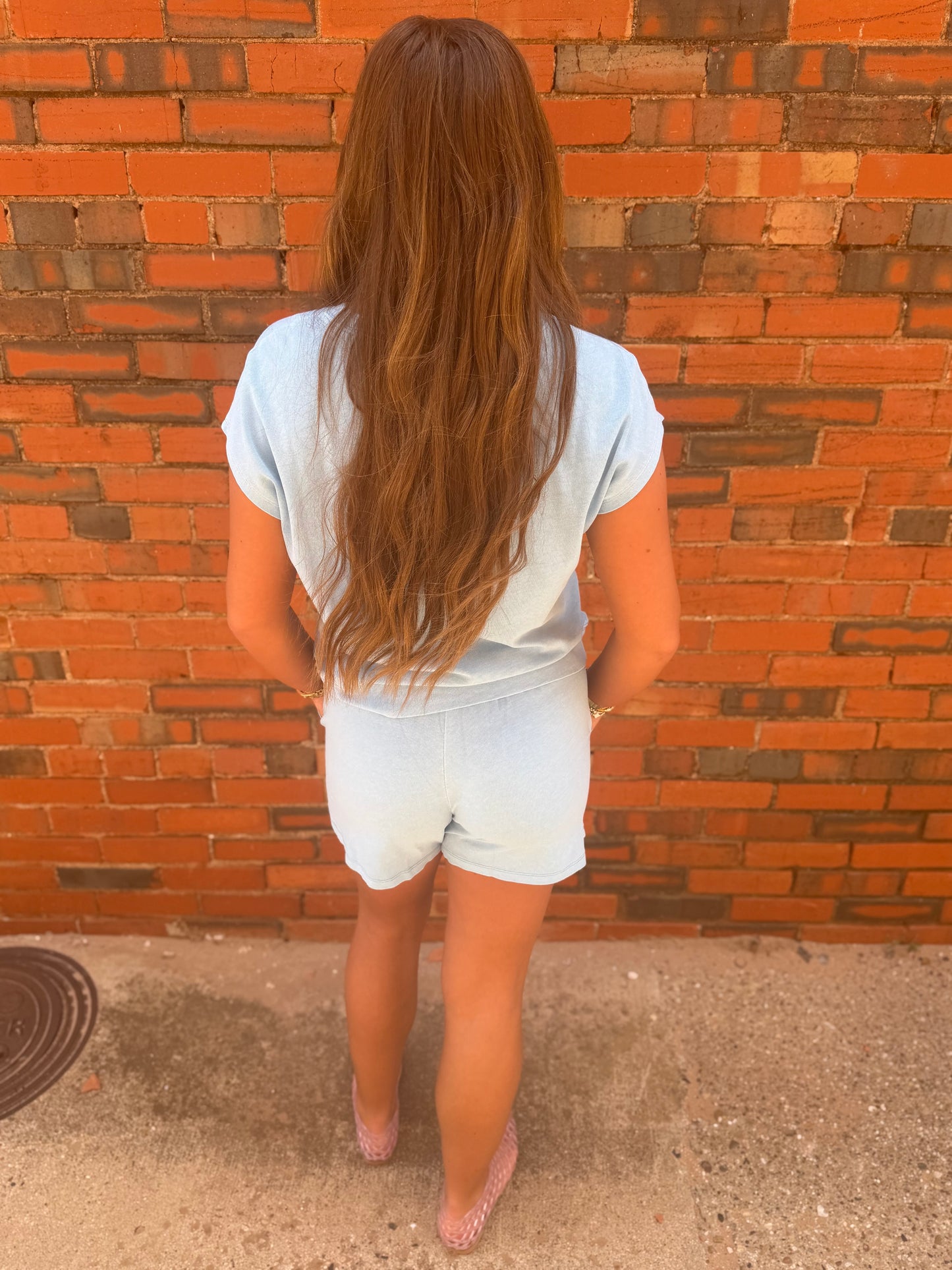 Light Blue Sleeveless Crew Neck Top And Shorts Set