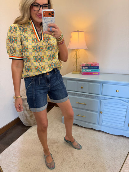 Yellow Multi Color Striped Trim Detailed Embroidered Print Top