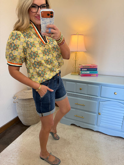 Yellow Multi Color Striped Trim Detailed Embroidered Print Top