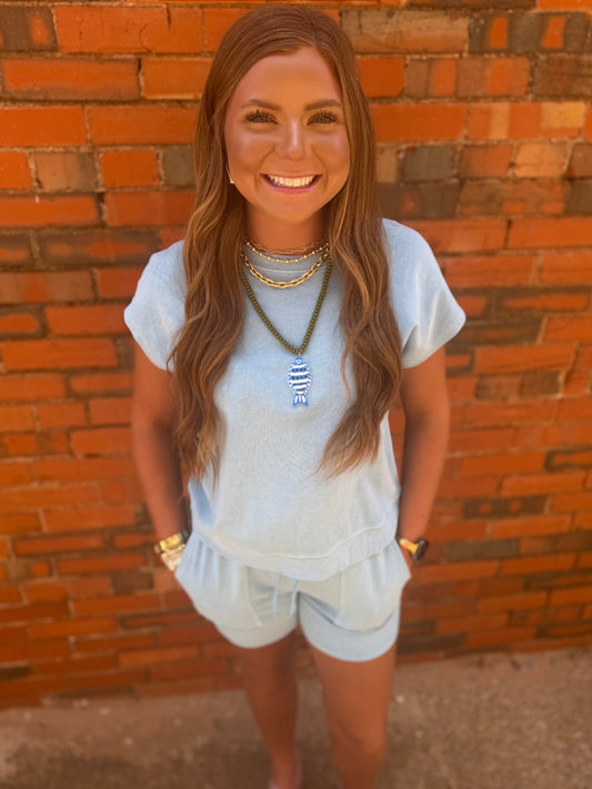 Light Blue Sleeveless Crew Neck Top And Shorts Set