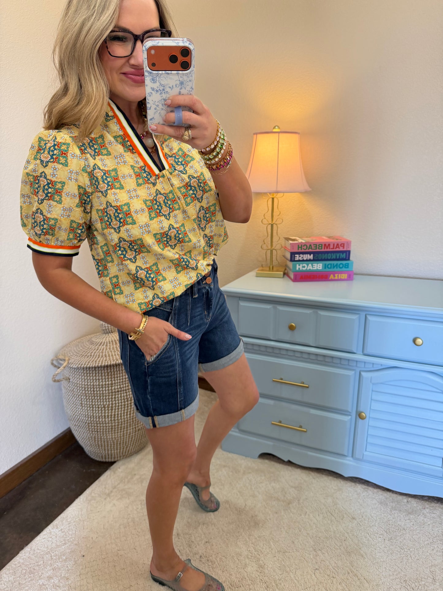 Yellow Multi Color Striped Trim Detailed Embroidered Print Top