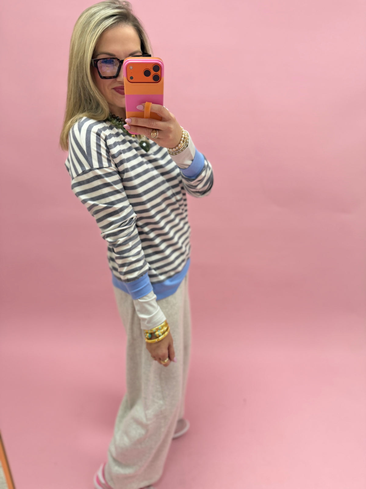 Charcoal & Cornflower Blue Striped Rib Banded Long Sleeve Pullover