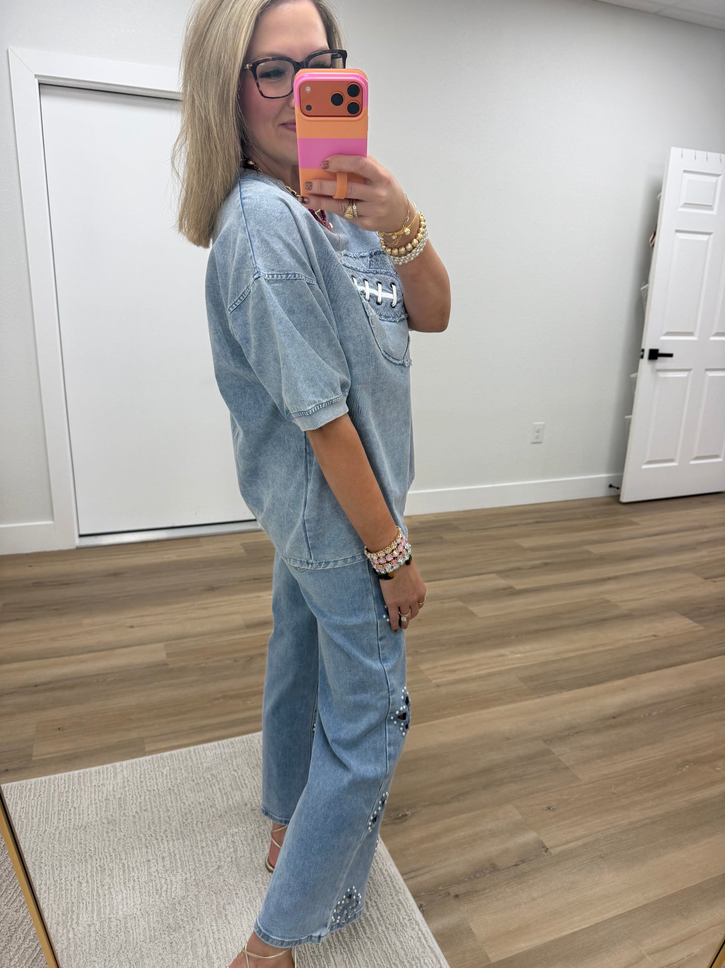 Denim Wash Football Short Sleeve Top