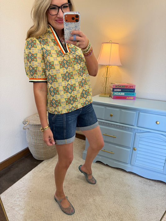 Yellow Multi Color Striped Trim Detailed Embroidered Print Top