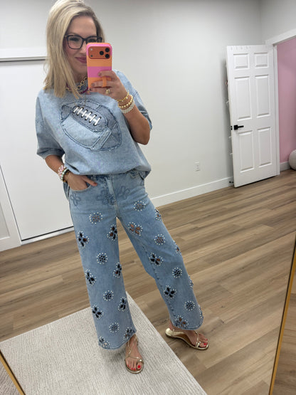 Denim Wash Football Short Sleeve Top