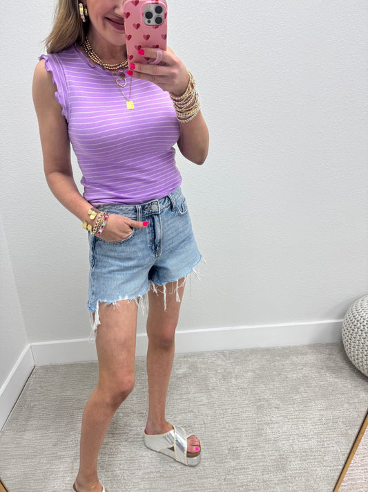 Lavender Ribbed Ruffle Trim Sleeveless Top