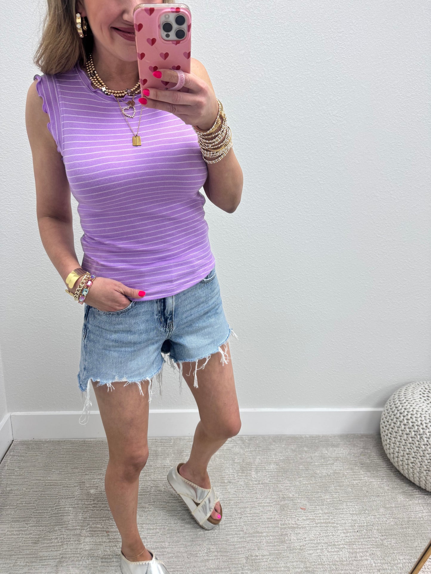 Lavender Ribbed Ruffle Trim Sleeveless Top
