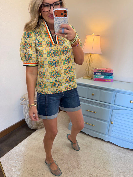 Yellow Multi Color Striped Trim Detailed Embroidered Print Top