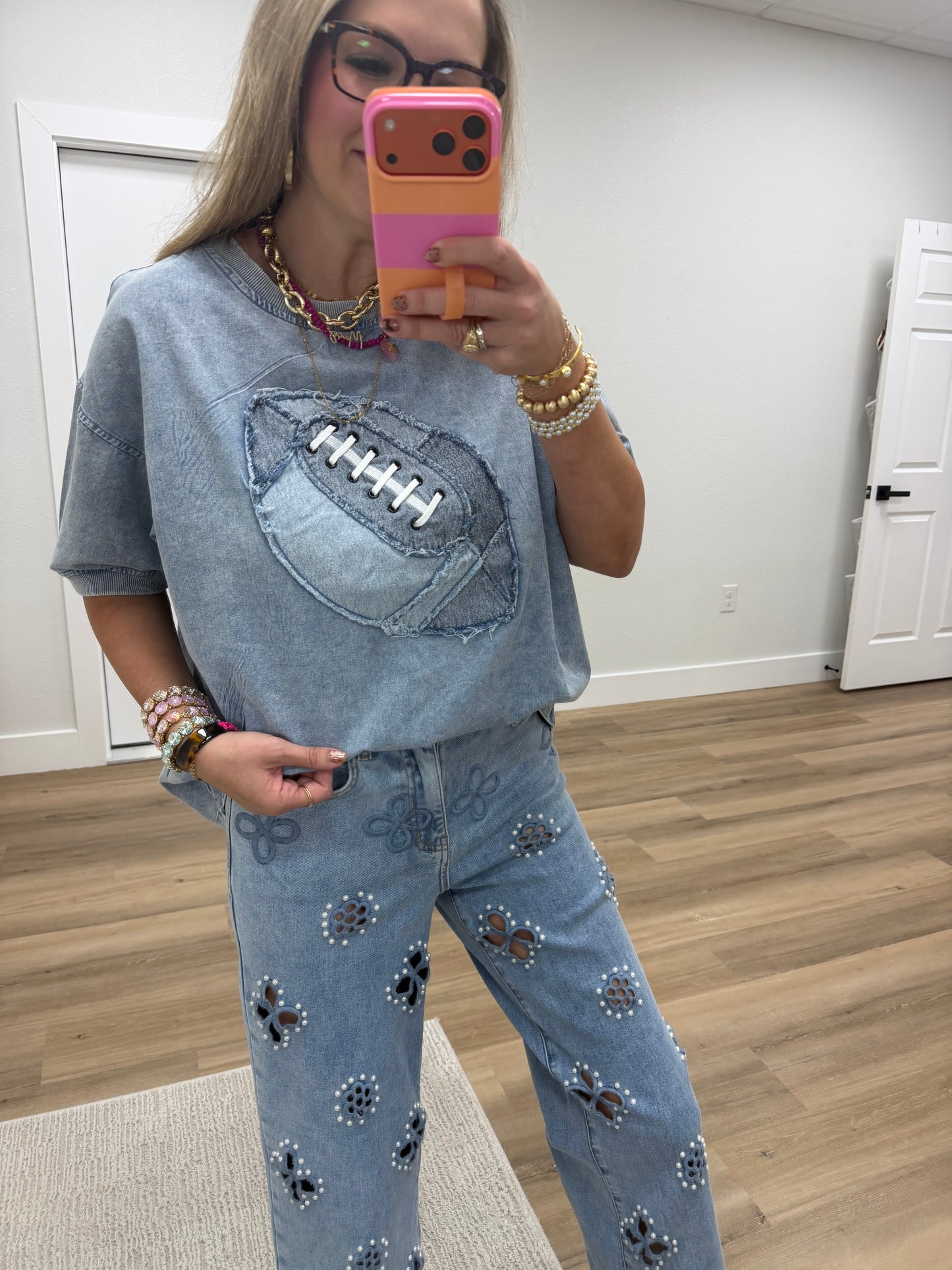Denim Wash Football Short Sleeve Top