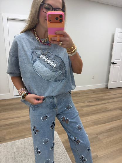 Denim Wash Football Short Sleeve Top