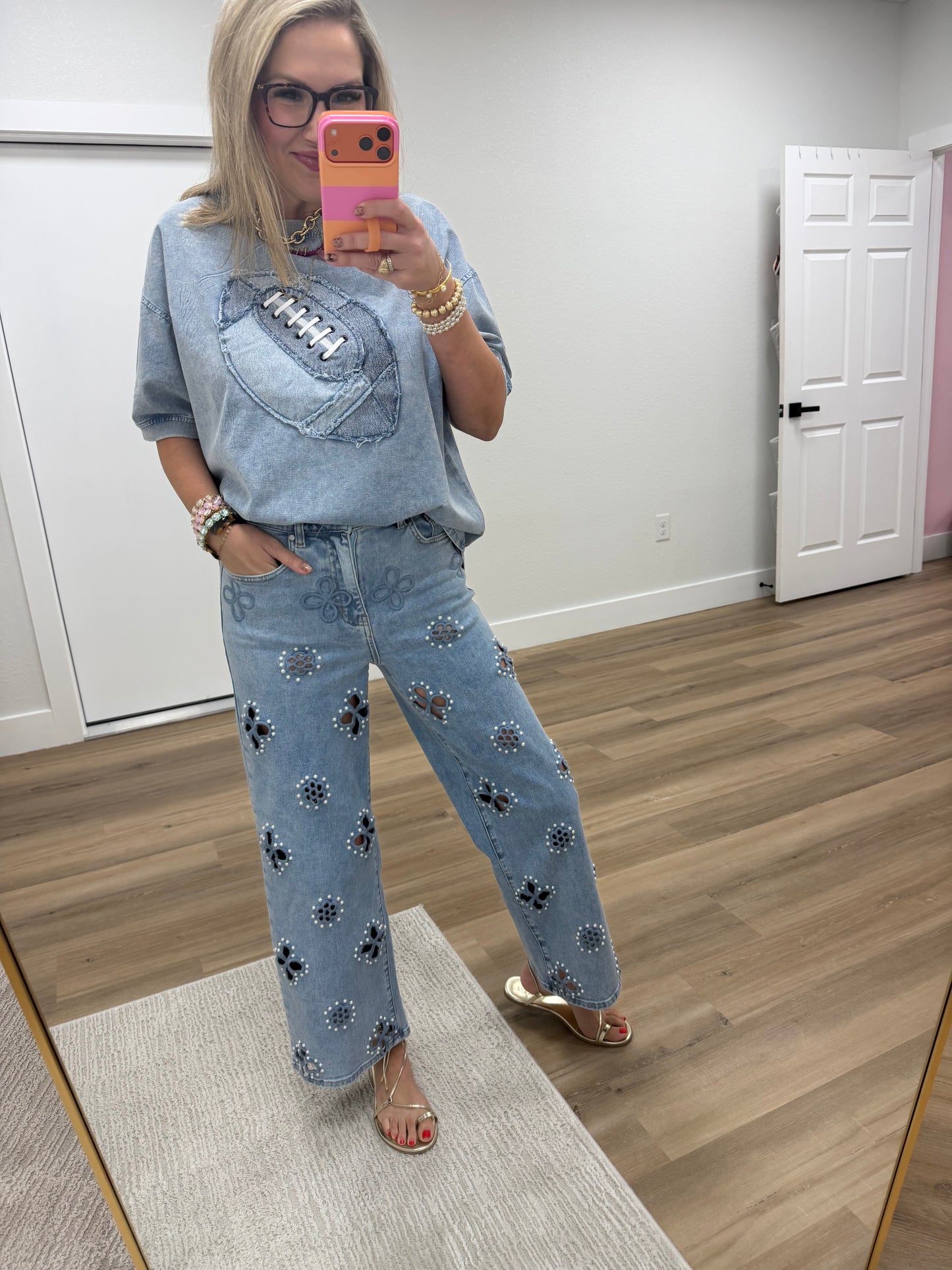 Denim Wash Football Short Sleeve Top