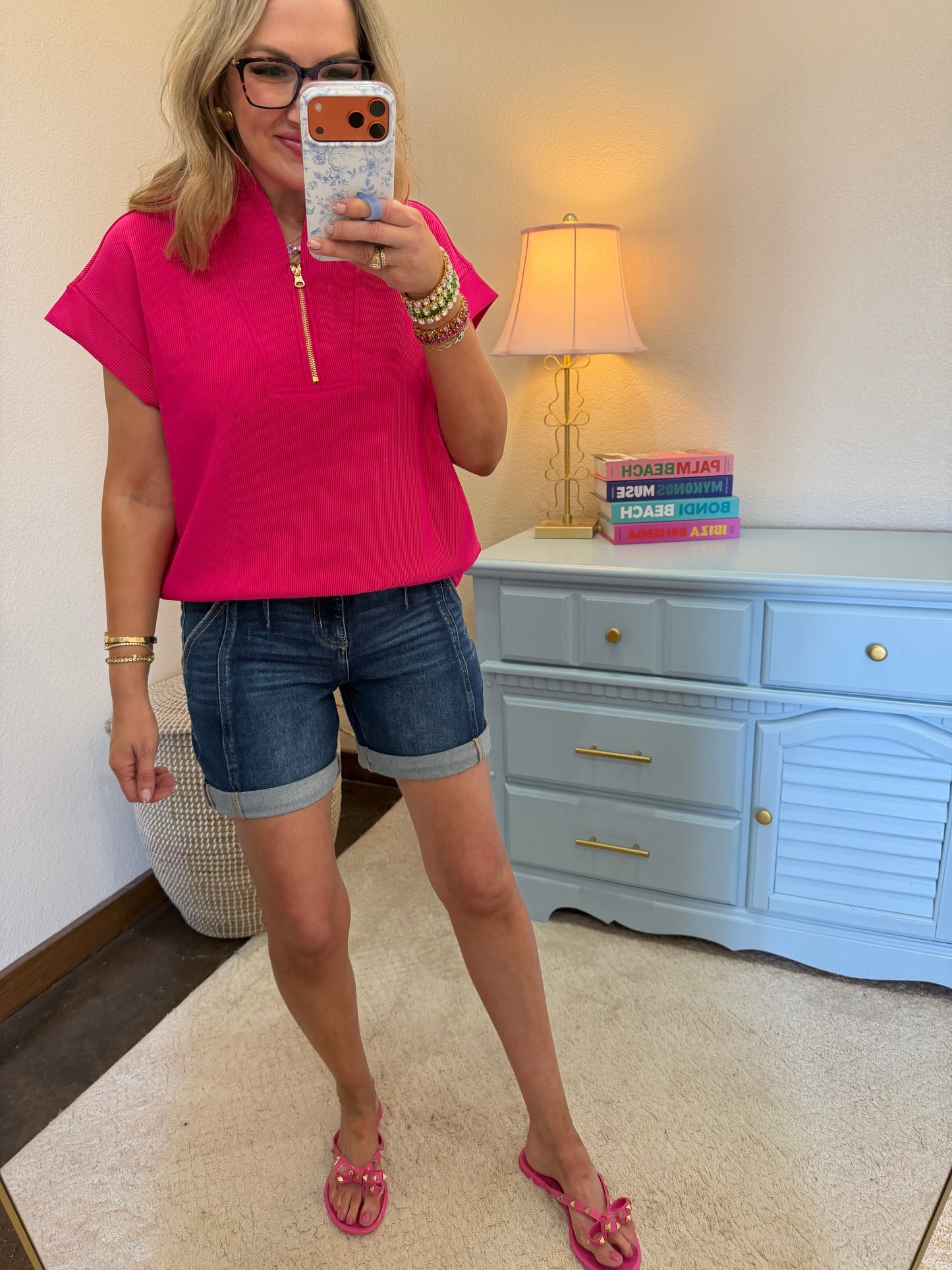 Hot Pink Ribbed High Neck Half Zip Top