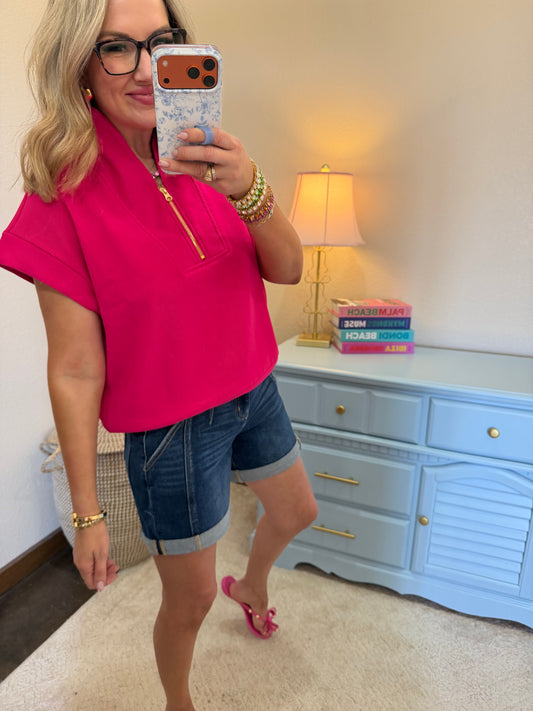 Hot Pink Ribbed High Neck Half Zip Top