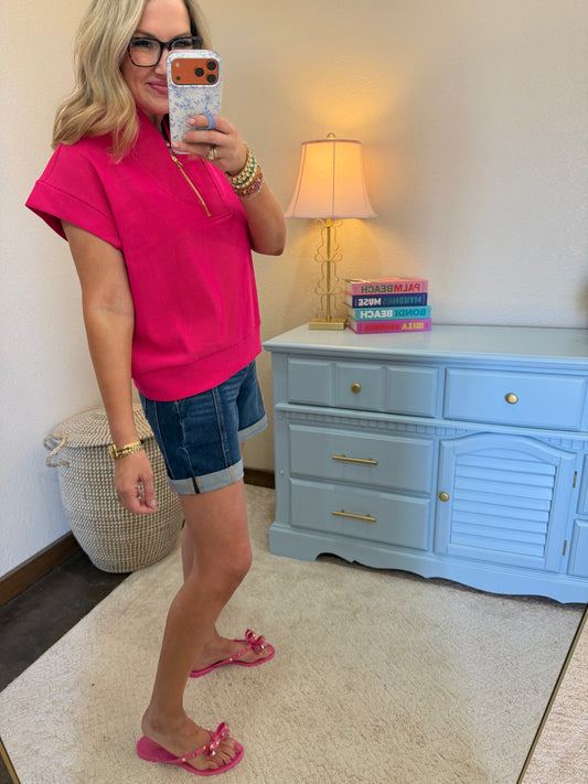 Hot Pink Ribbed High Neck Half Zip Top