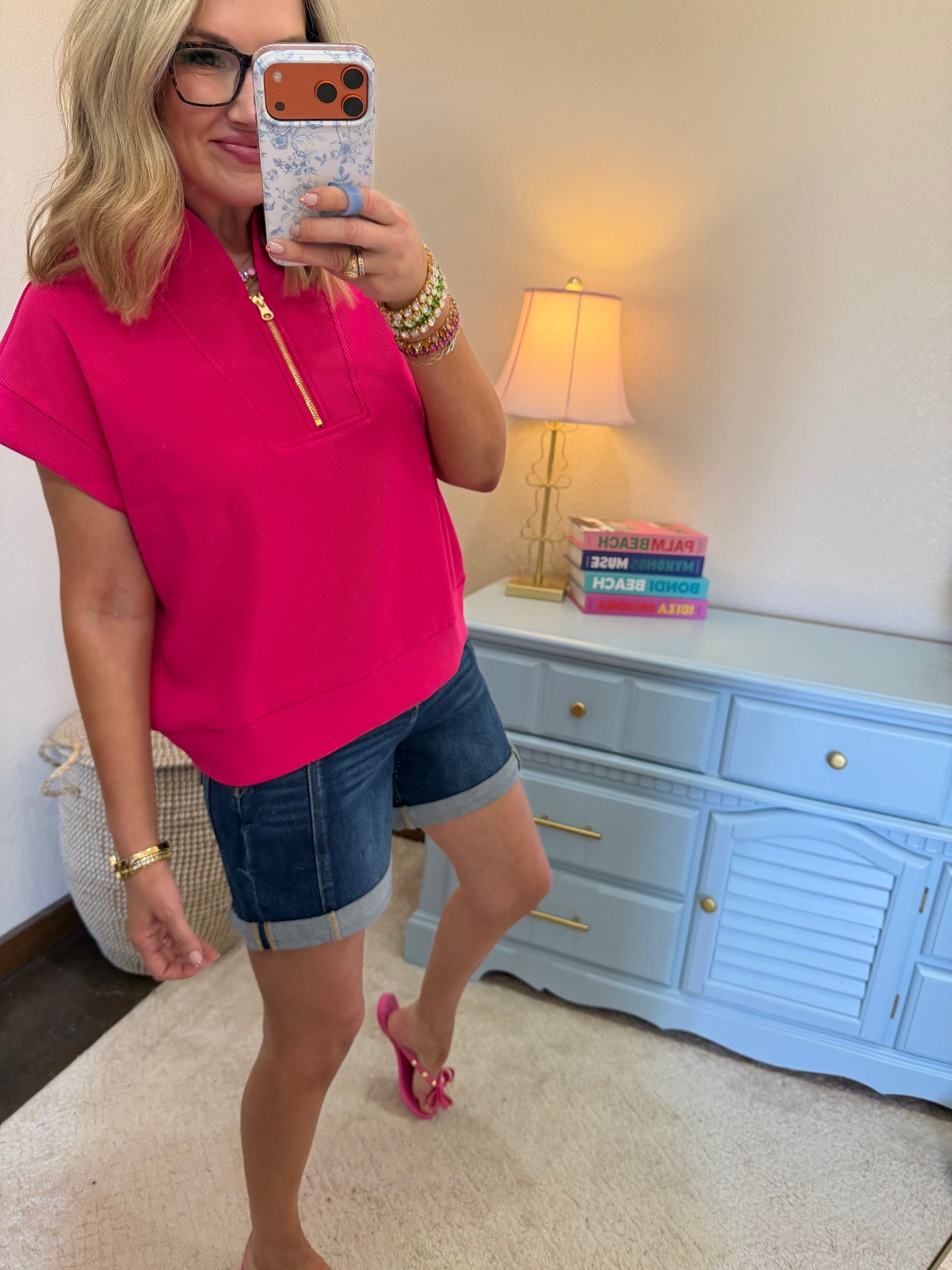 Hot Pink Ribbed High Neck Half Zip Top