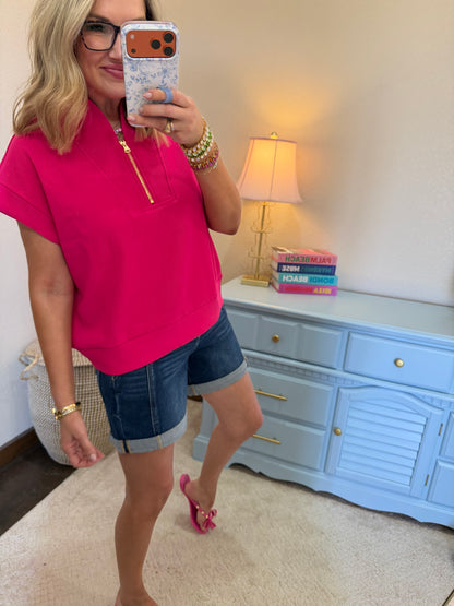 Hot Pink Ribbed High Neck Half Zip Top