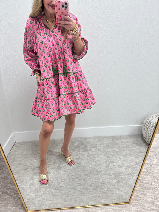 Pink and Green Printed Ruffle Dress FS