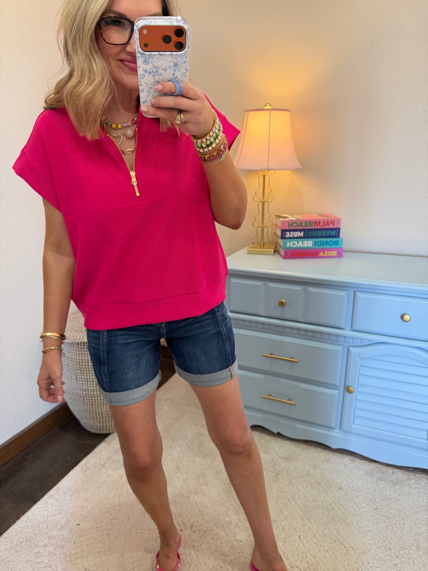 Hot Pink Ribbed High Neck Half Zip Top