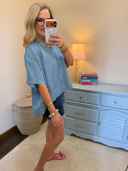 Denim Blue Round Neck Band Oversize Shirts