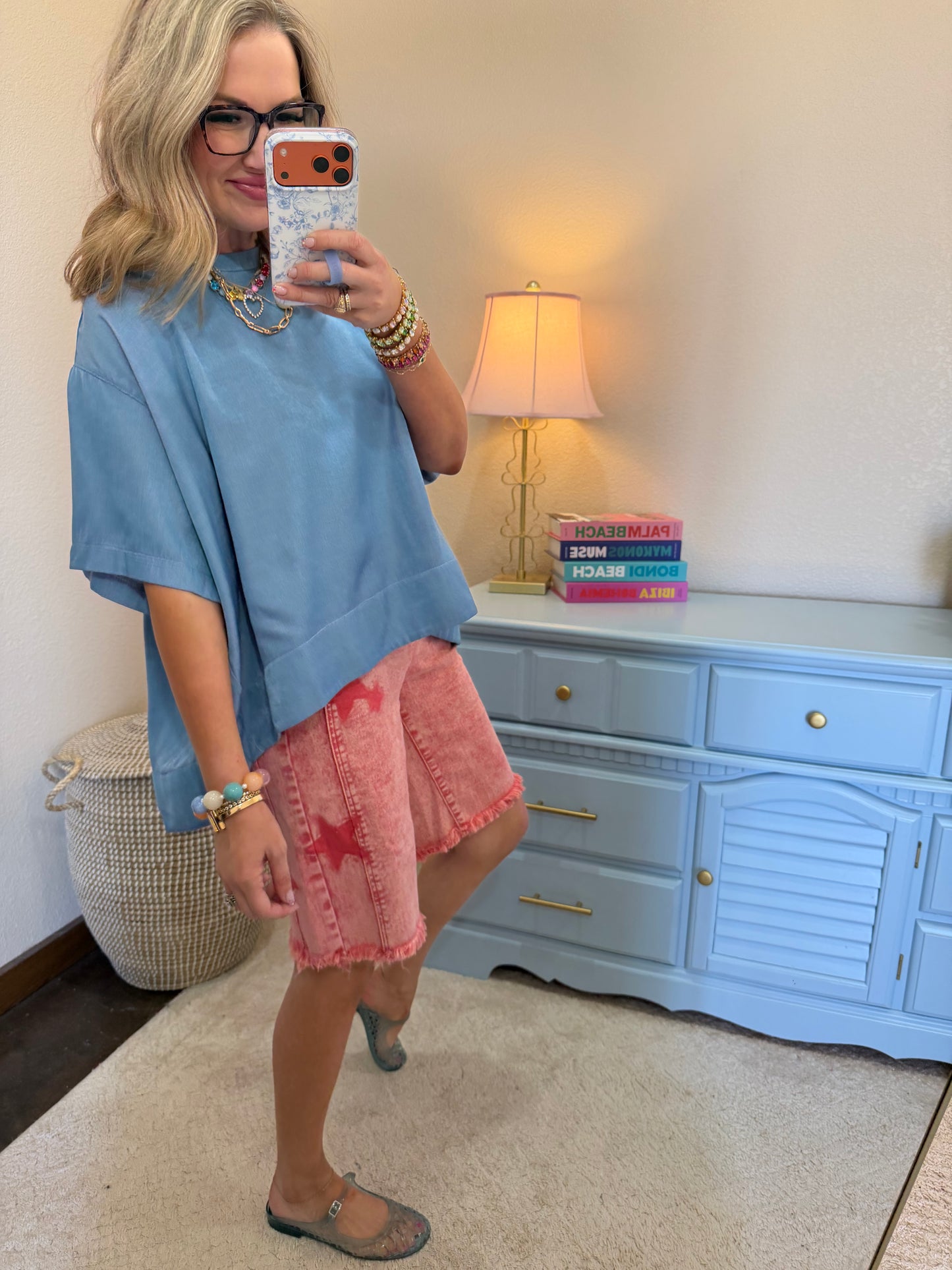 Denim Blue Round Neck Band Oversize Shirts