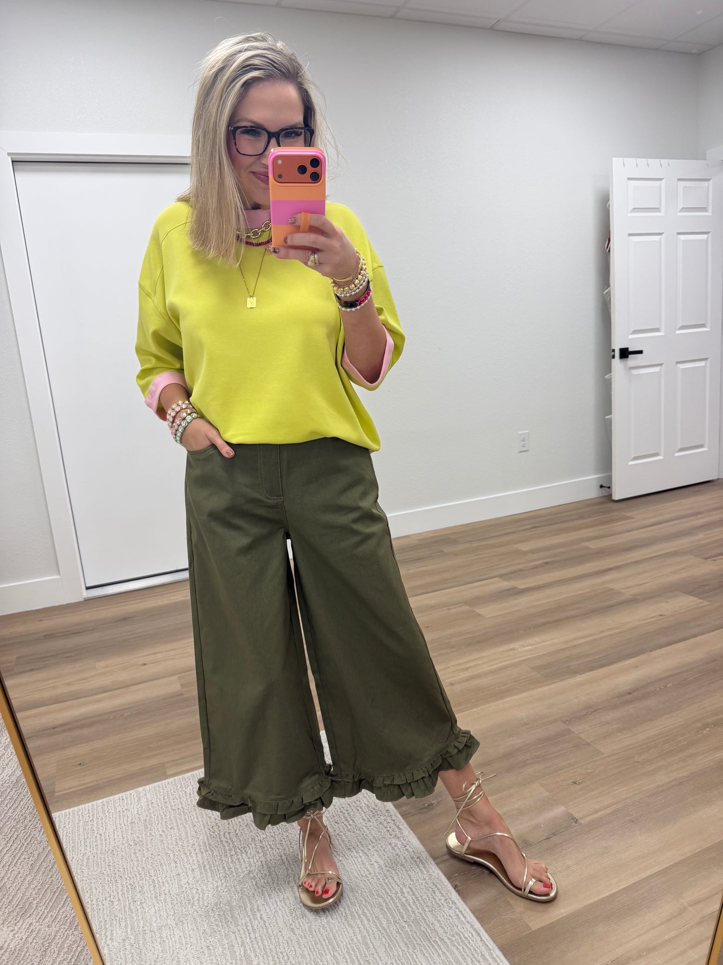 Olive Wide Leg Ruffle Hem Pants