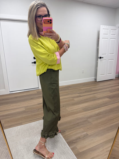 Olive Wide Leg Ruffle Hem Pants