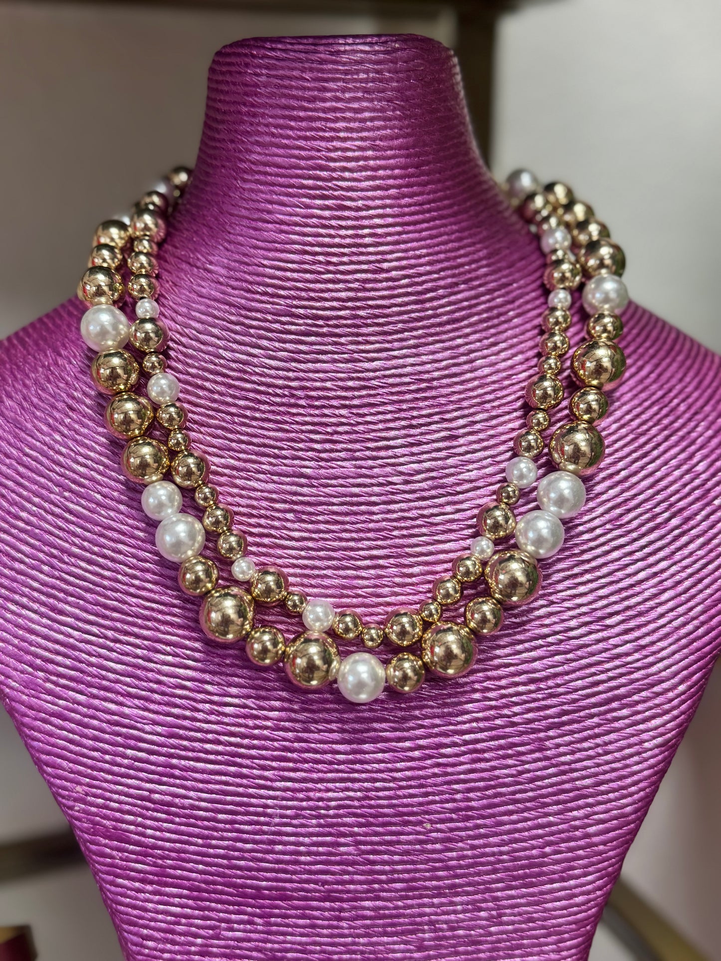 Double Strand Gold & Pearl Necklace