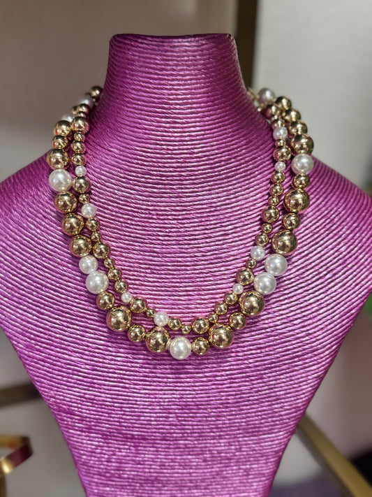 Double Strand Gold & Pearl Necklace