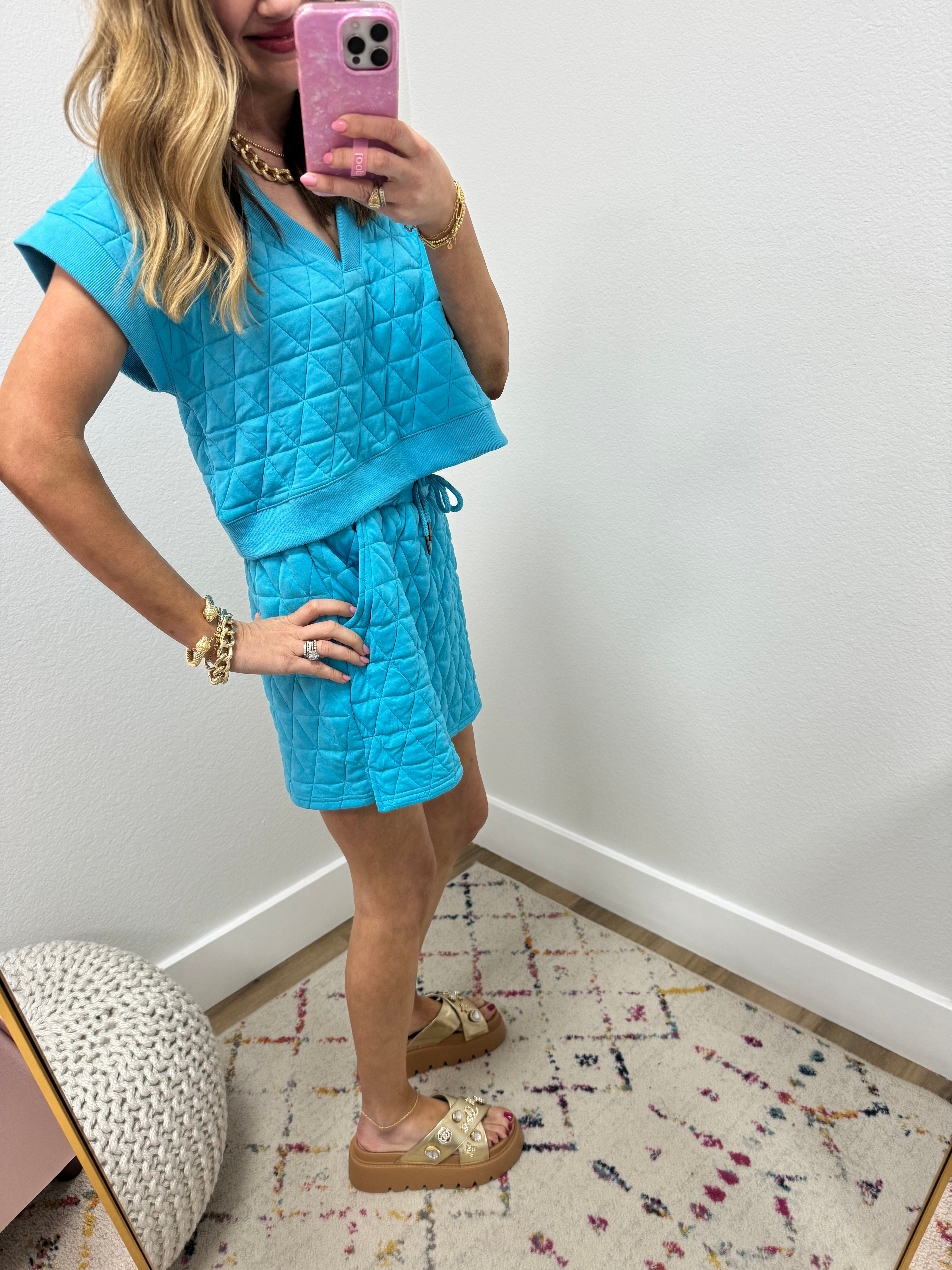 Aqua Quilted Two Piece Skirt Set