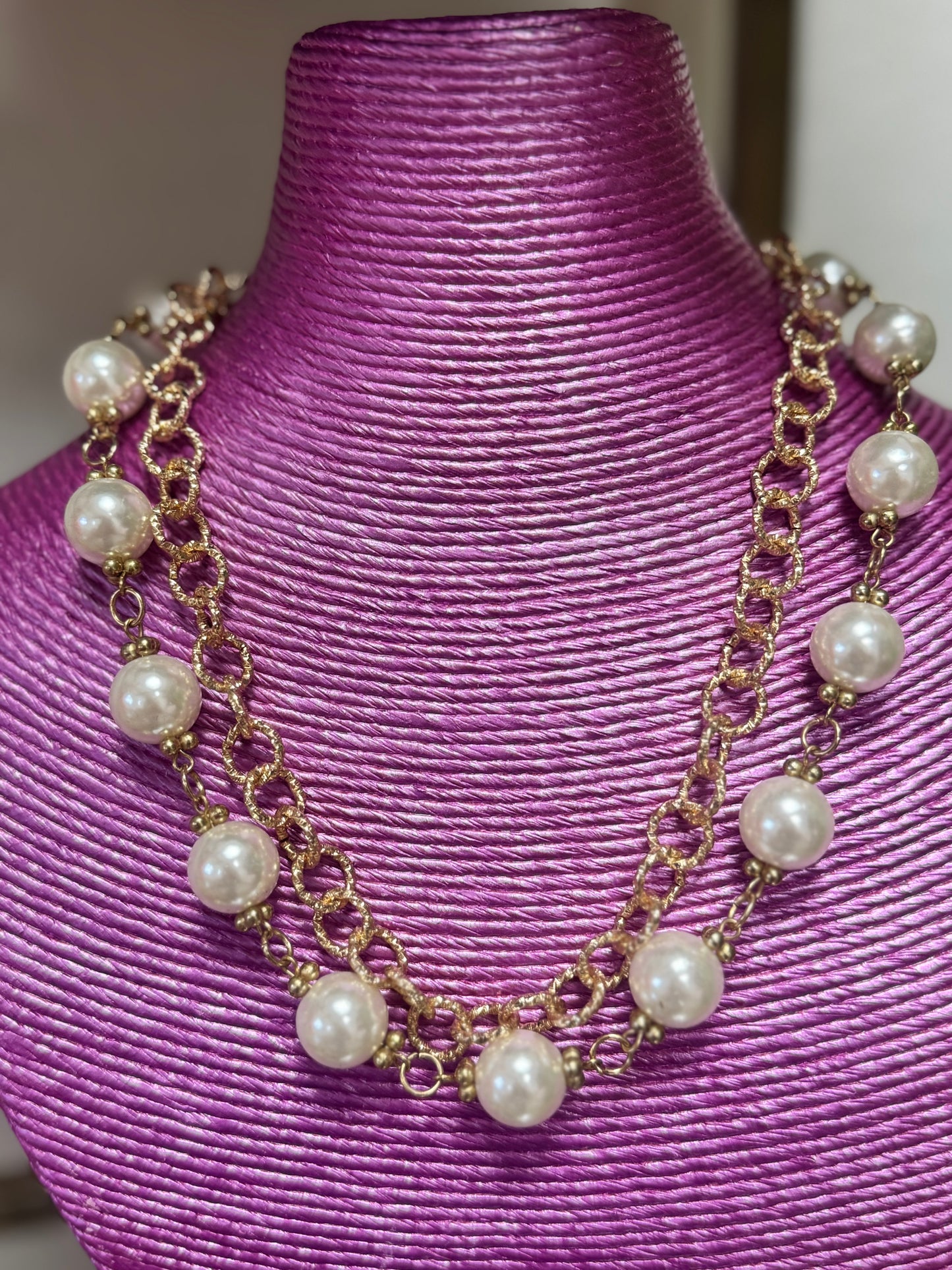 Gold Chain & Pearl Double Strand Necklace