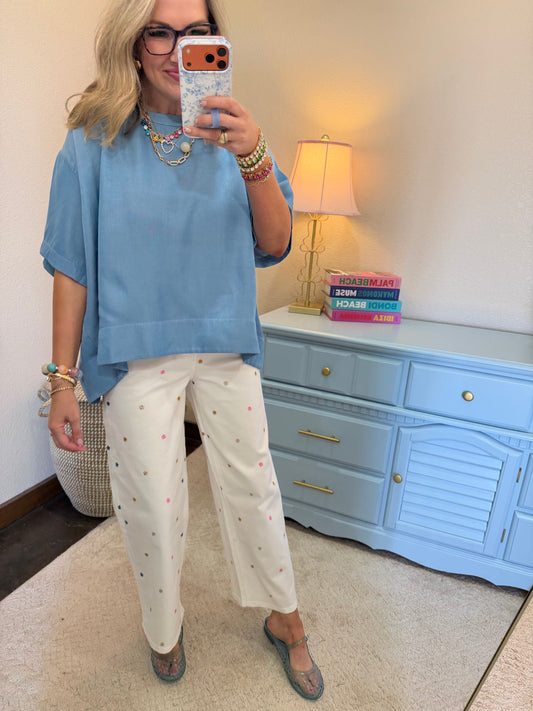 Denim Blue Round Neck Band Oversize Shirts
