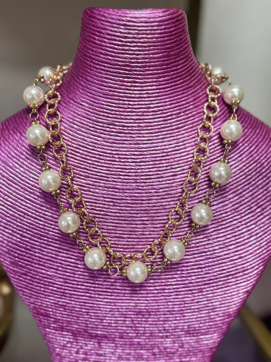 Gold Chain & Pearl Double Strand Necklace