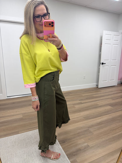 Olive Wide Leg Ruffle Hem Pants