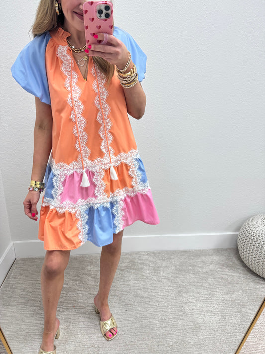 Apricot Blue Lace Front Detail Dress