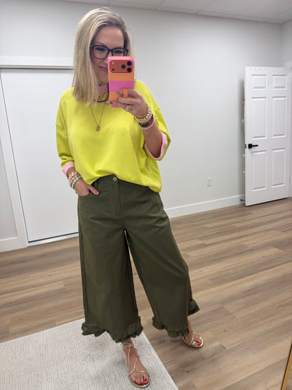 Olive Wide Leg Ruffle Hem Pants