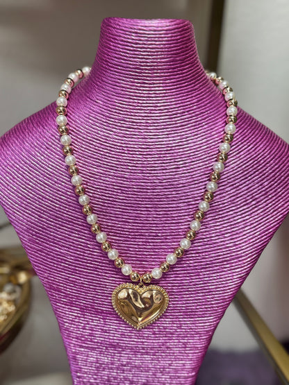 18" Gold Heart Pendant Pearl Necklace