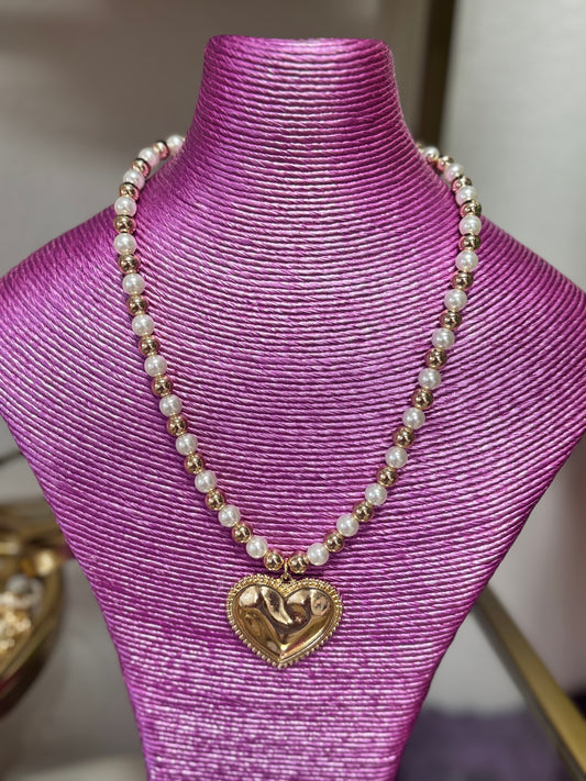 IP3 18" Gold Heart Pendant Pearl Necklace