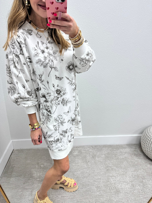 Ivory Butterfly Printed French Terry Long Sleeve Dress FS
