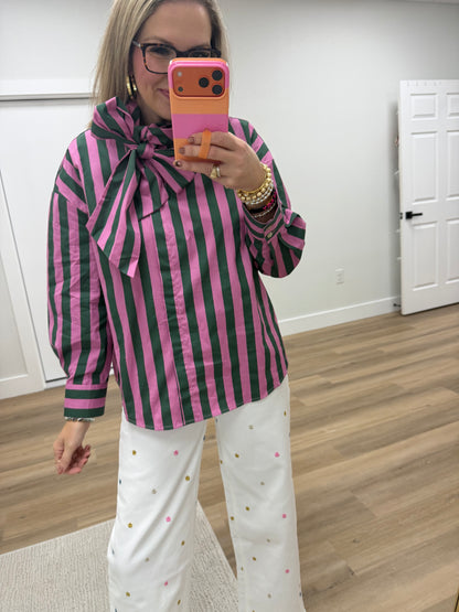 Green & Pink Bow Neck Stripe Shirt