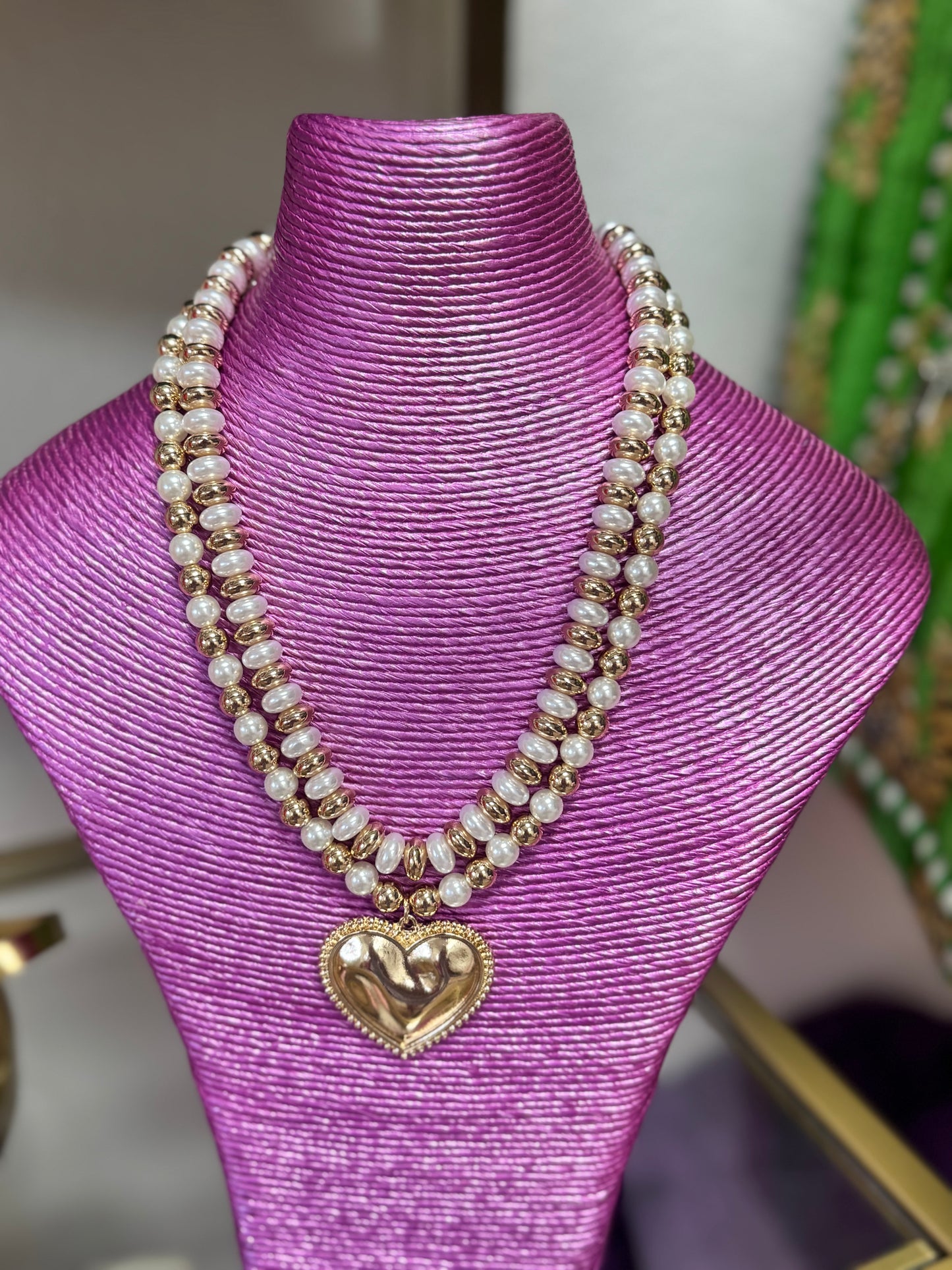 IP3 18" Gold Heart Pendant Pearl Necklace