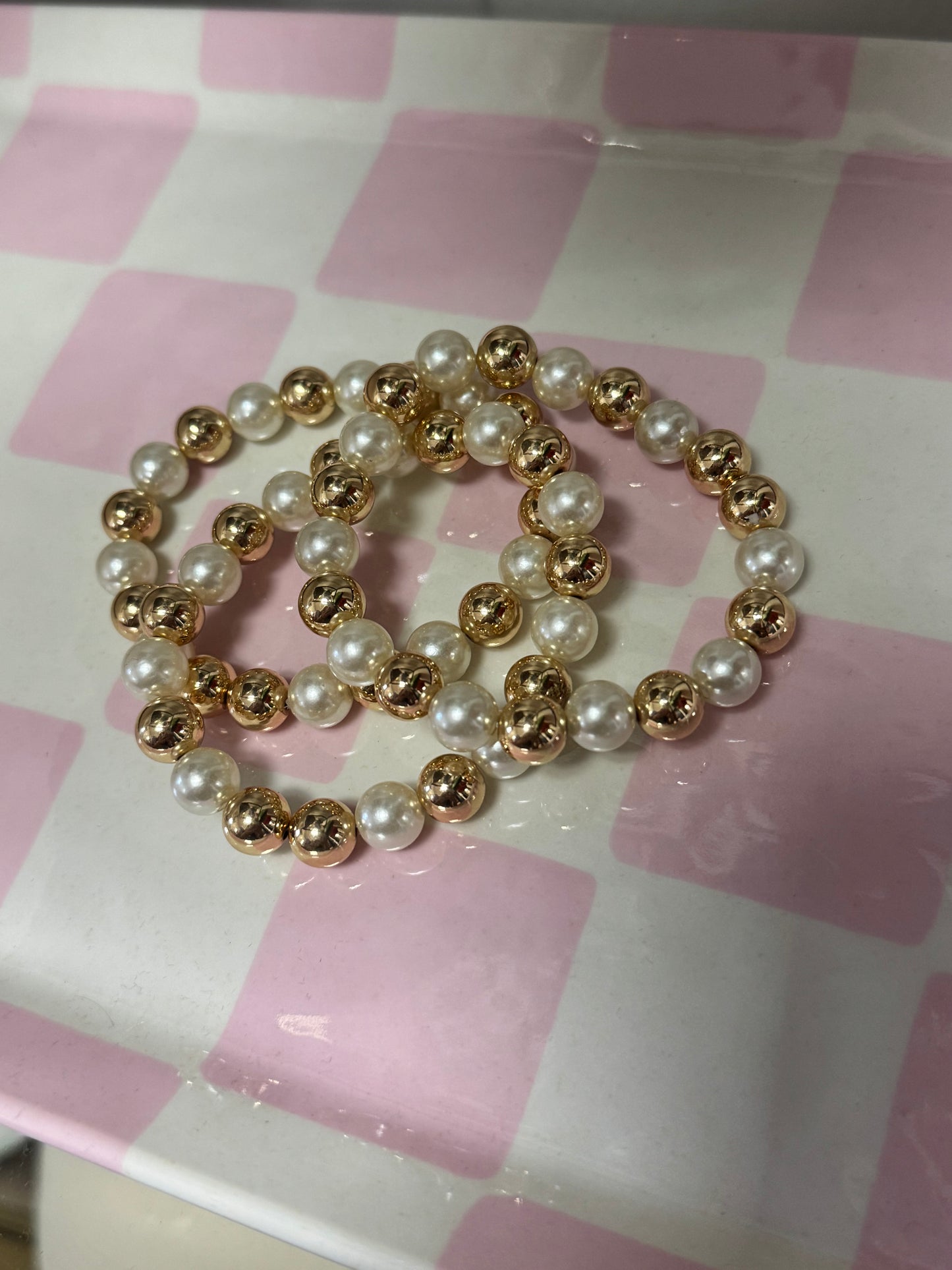 Gold Set of 3 Medium Bead and Pearl Bracelet Set