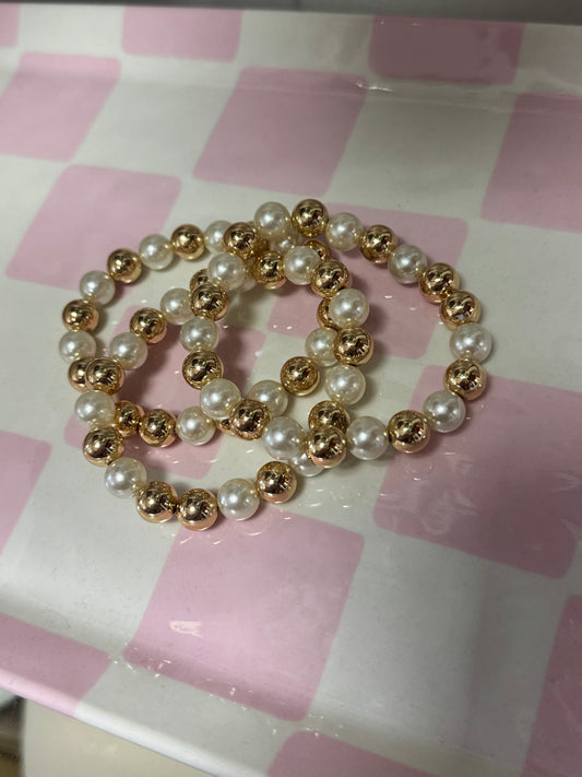 Gold Set of 3 Medium Bead and Pearl Bracelet Set