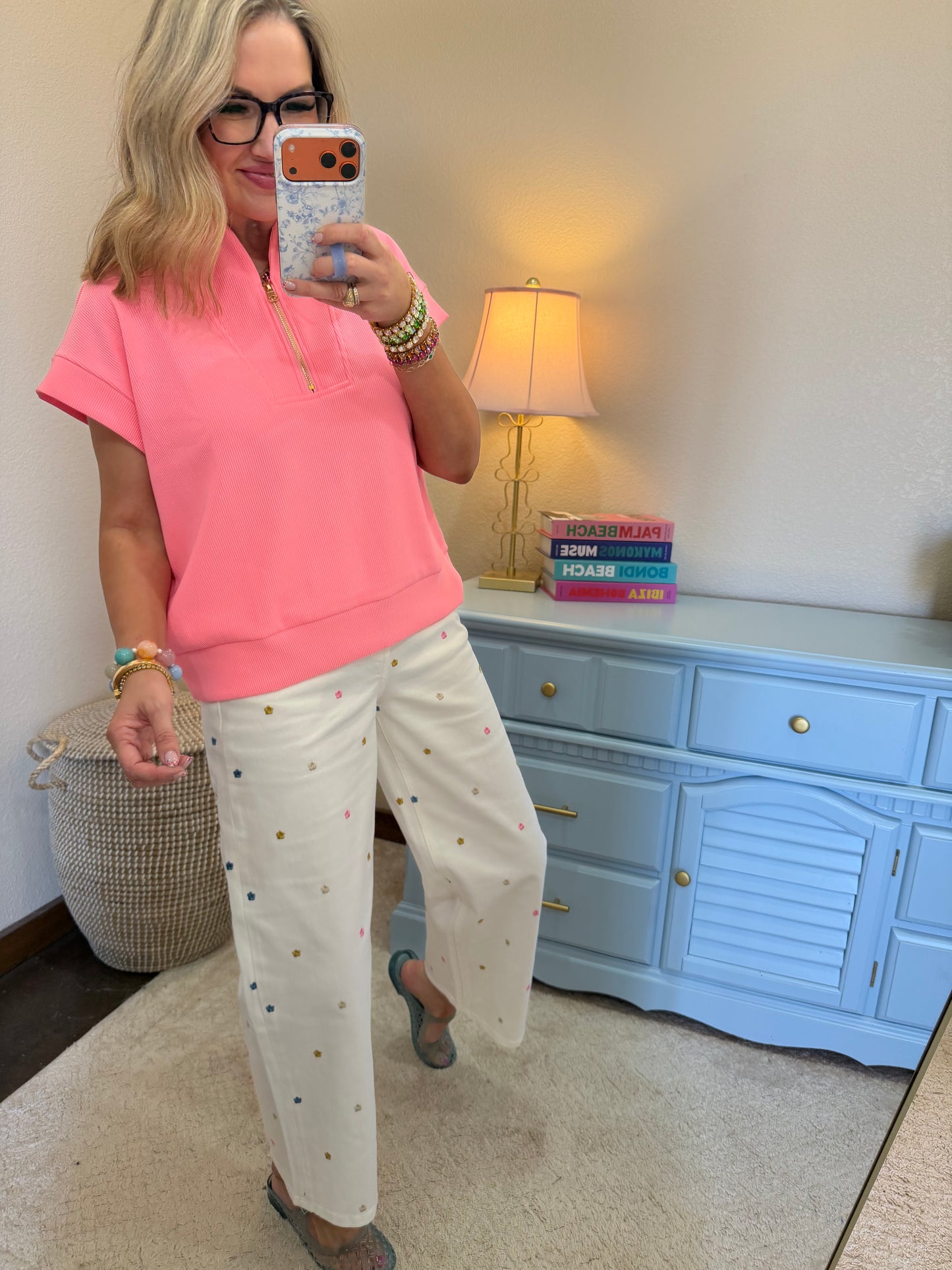 Bright Neon Pink Ribbed High Neck Half Zip Top