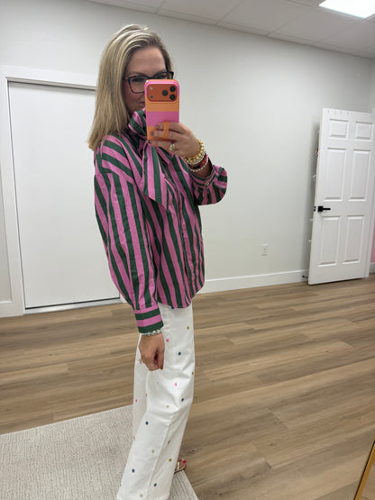 Green & Pink Bow Neck Stripe Shirt